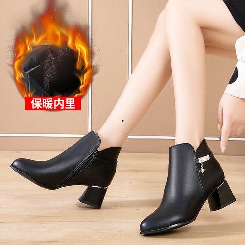 网红高跟短靴圆头皮鞋